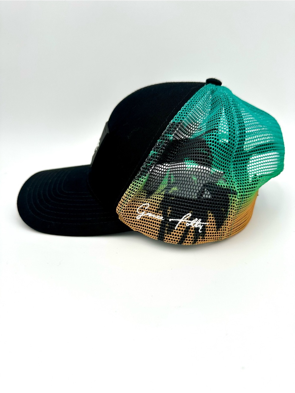 Gradient Palm Mesh Trucker Cap in Black and Teal